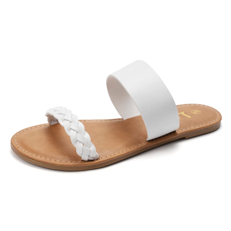 LM Women's Braided Slide Sandals Open Toe Two Strap Slip On Flat Sandals Casual Summer Shoes (9, White) - Image 1